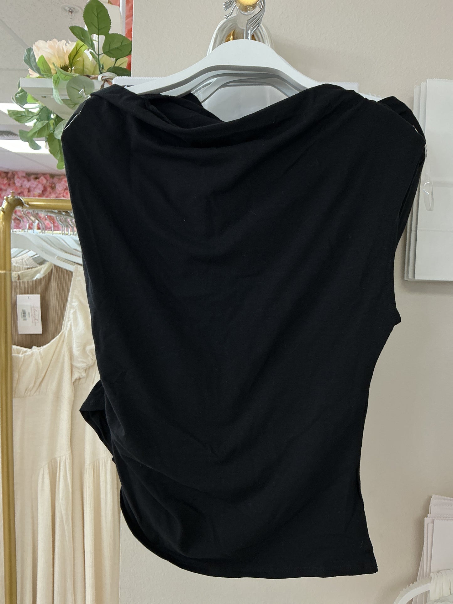 Black off the shoulder top with rouching on the side