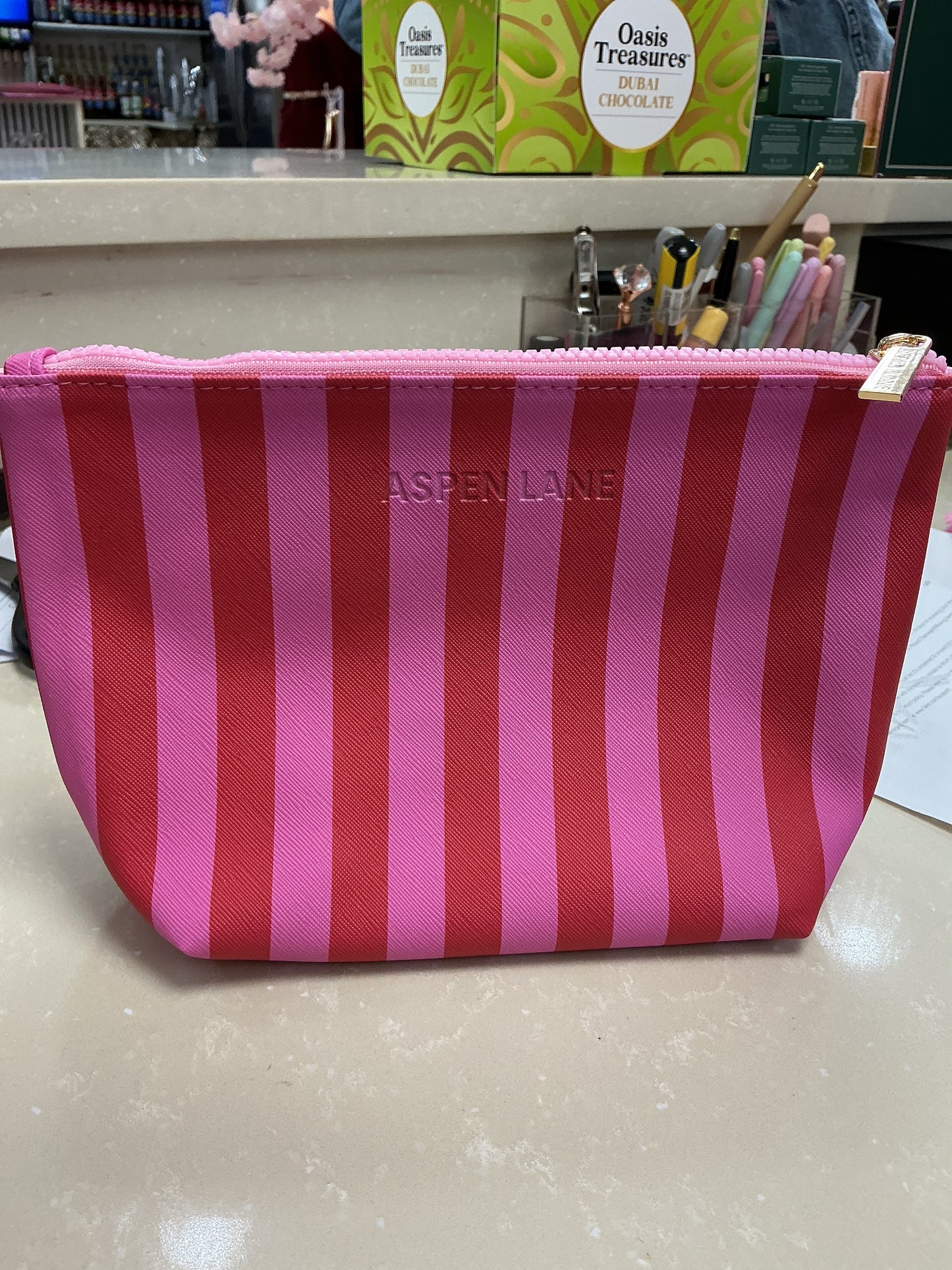 Makeup bag pink/red stripe