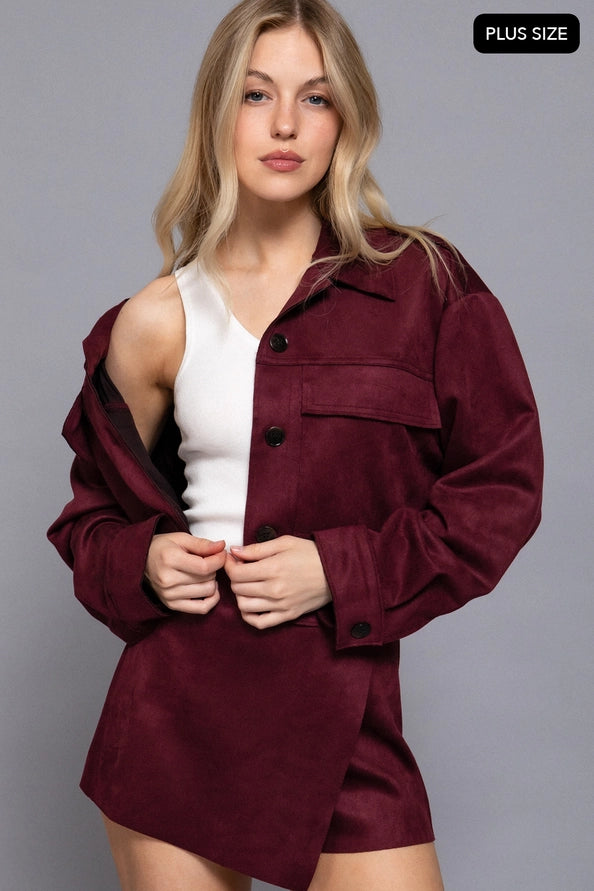 Plus size Burgundy suede button up jacket