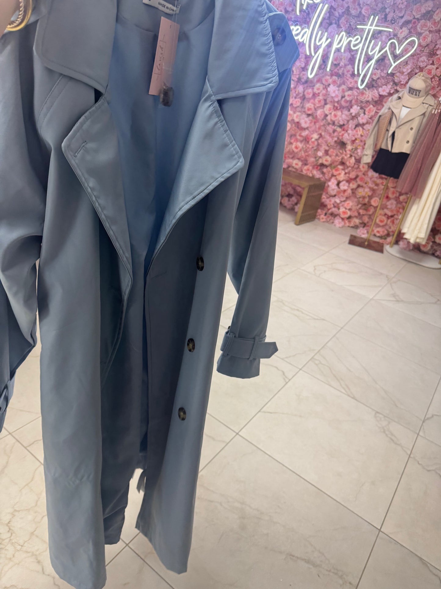 Long dusty blue trench coat