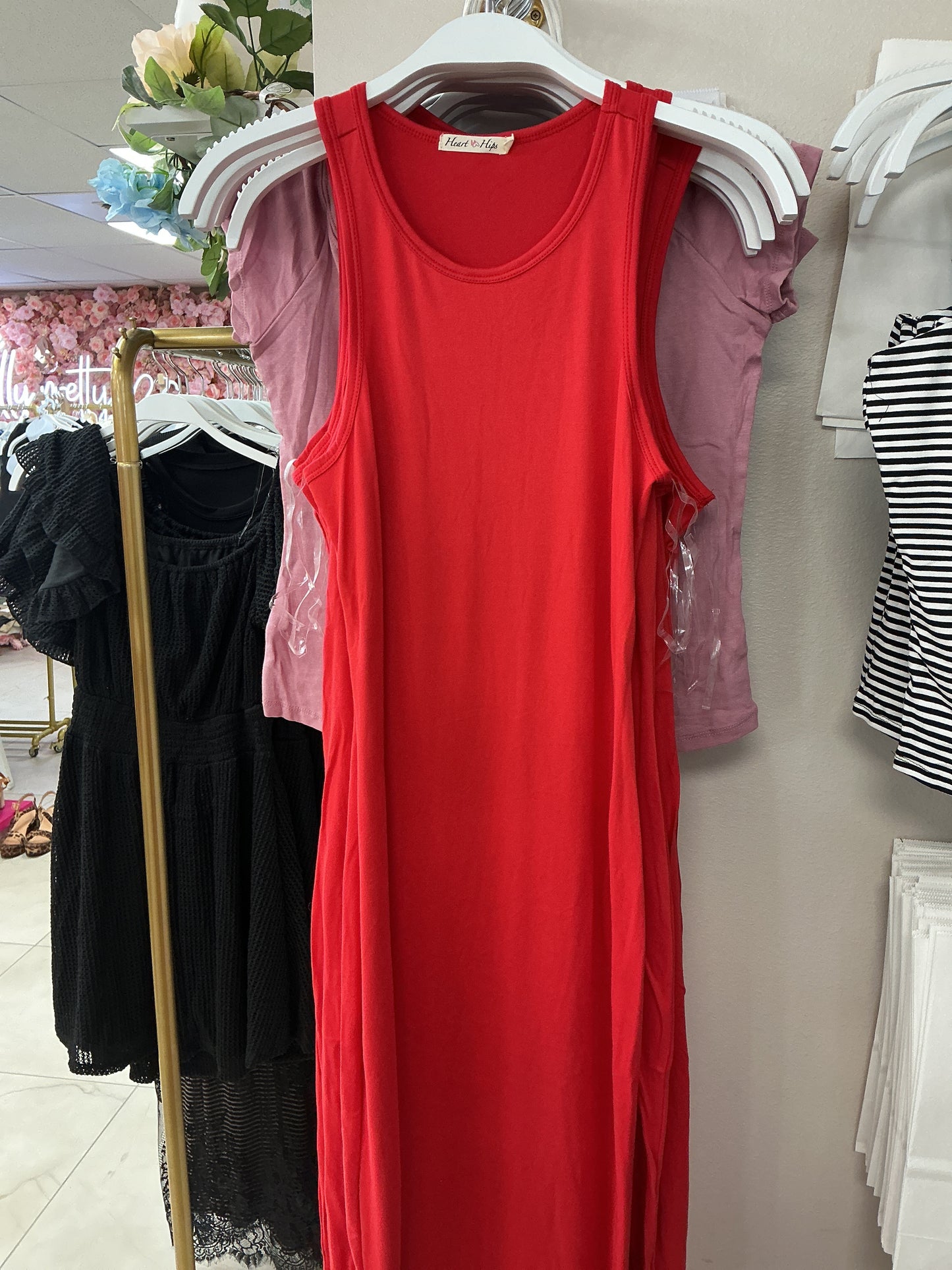 Red long dress with a slit