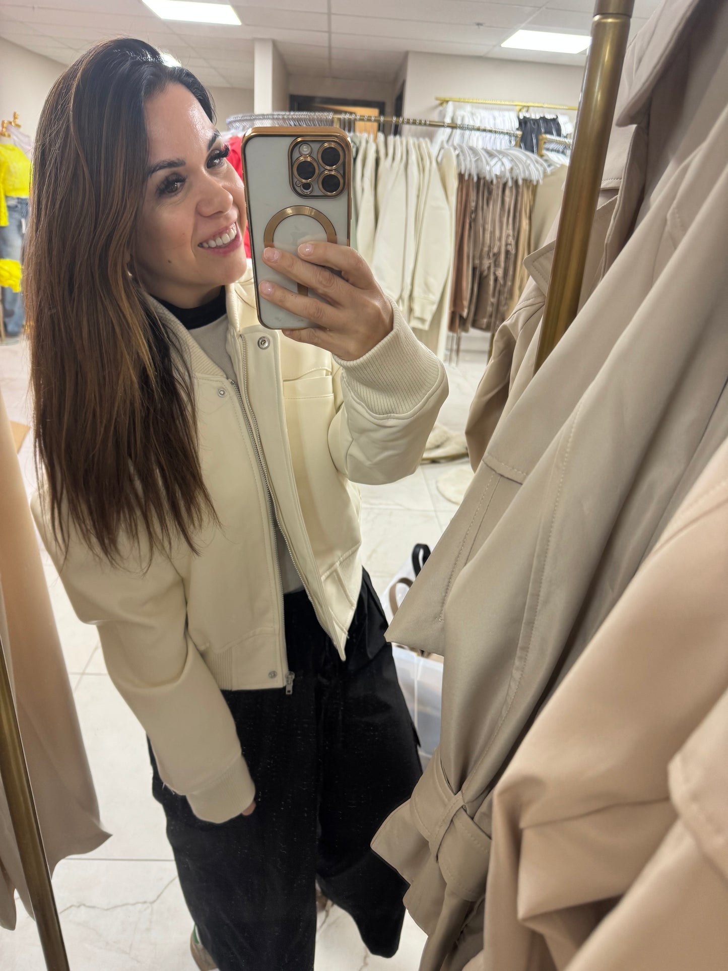 Cream cropped leather jacket