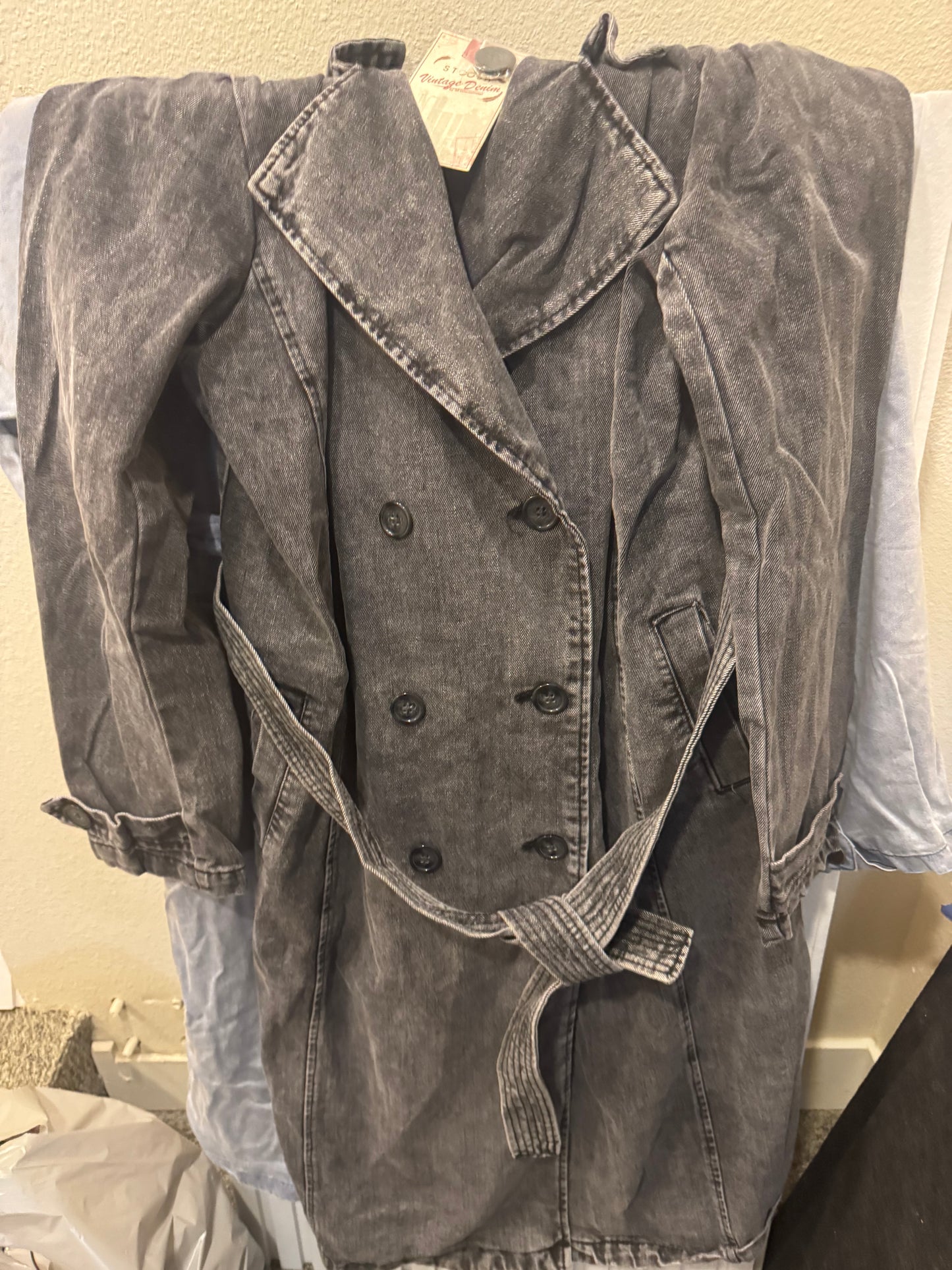 Black denim trench coat