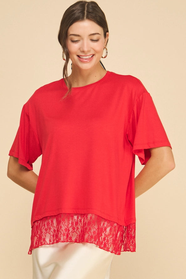 Red top with lace bottom trim