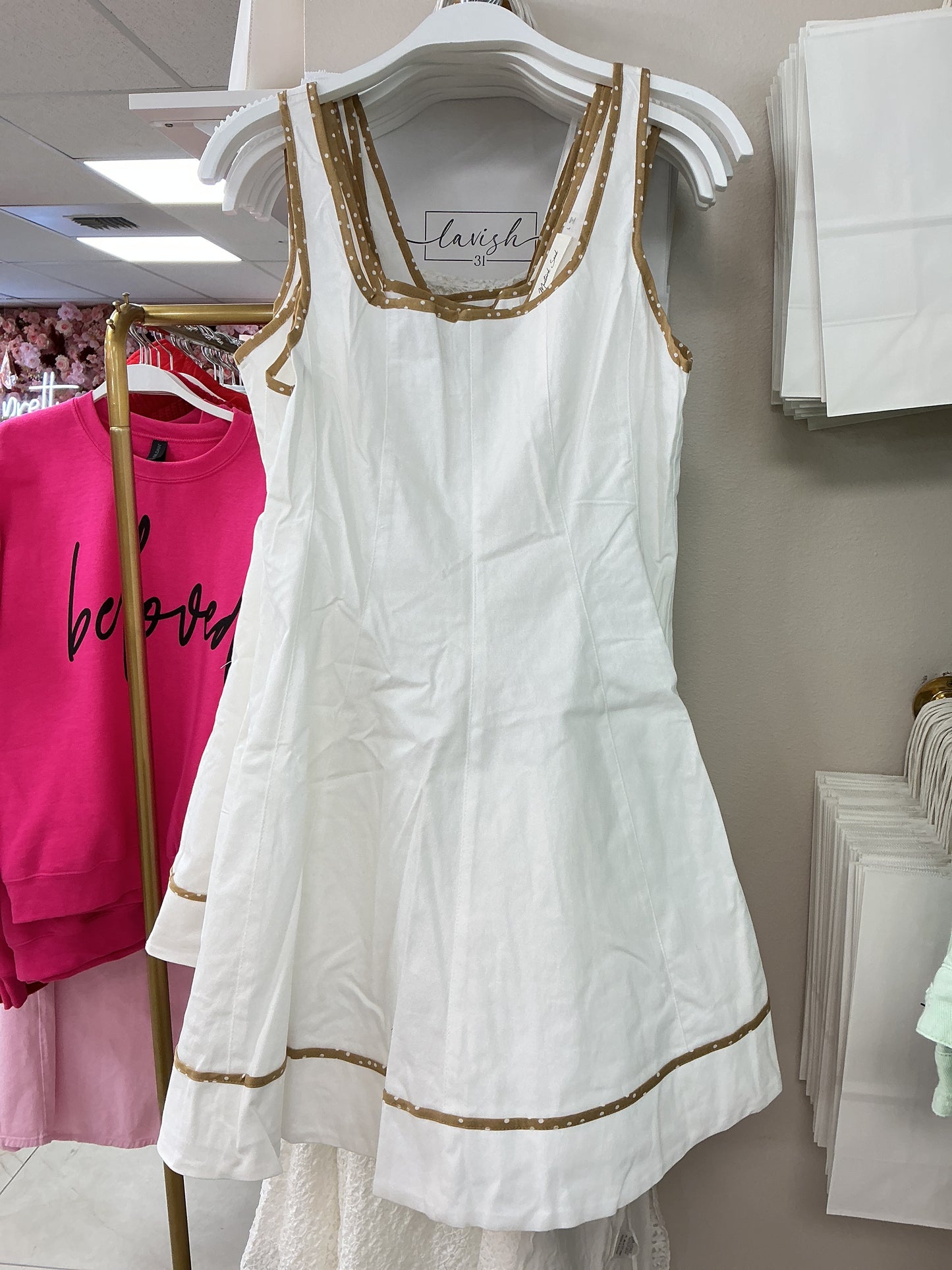 Short white dress with brown polkadots