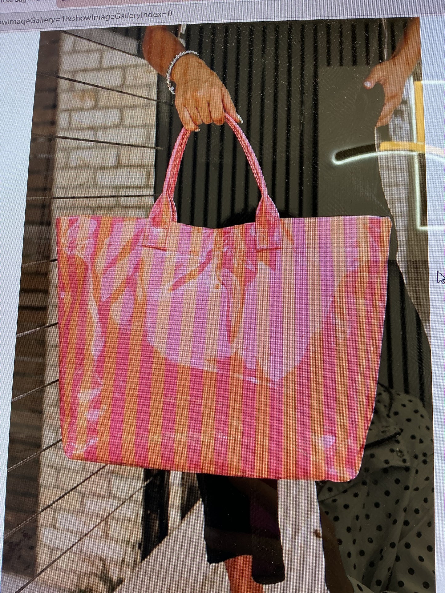 Glossy pink and orange striped tote bag