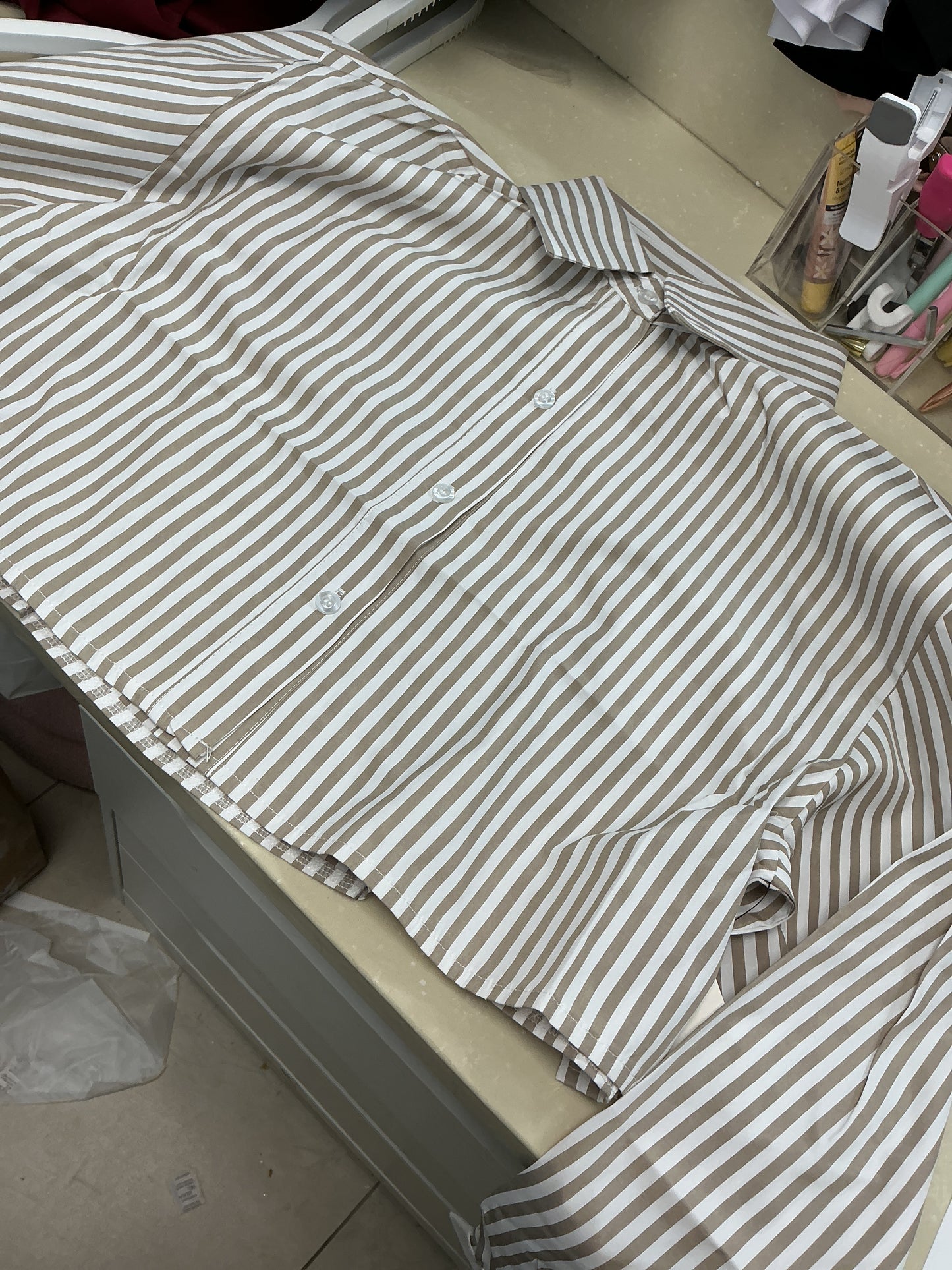 Cropped beige striped button up