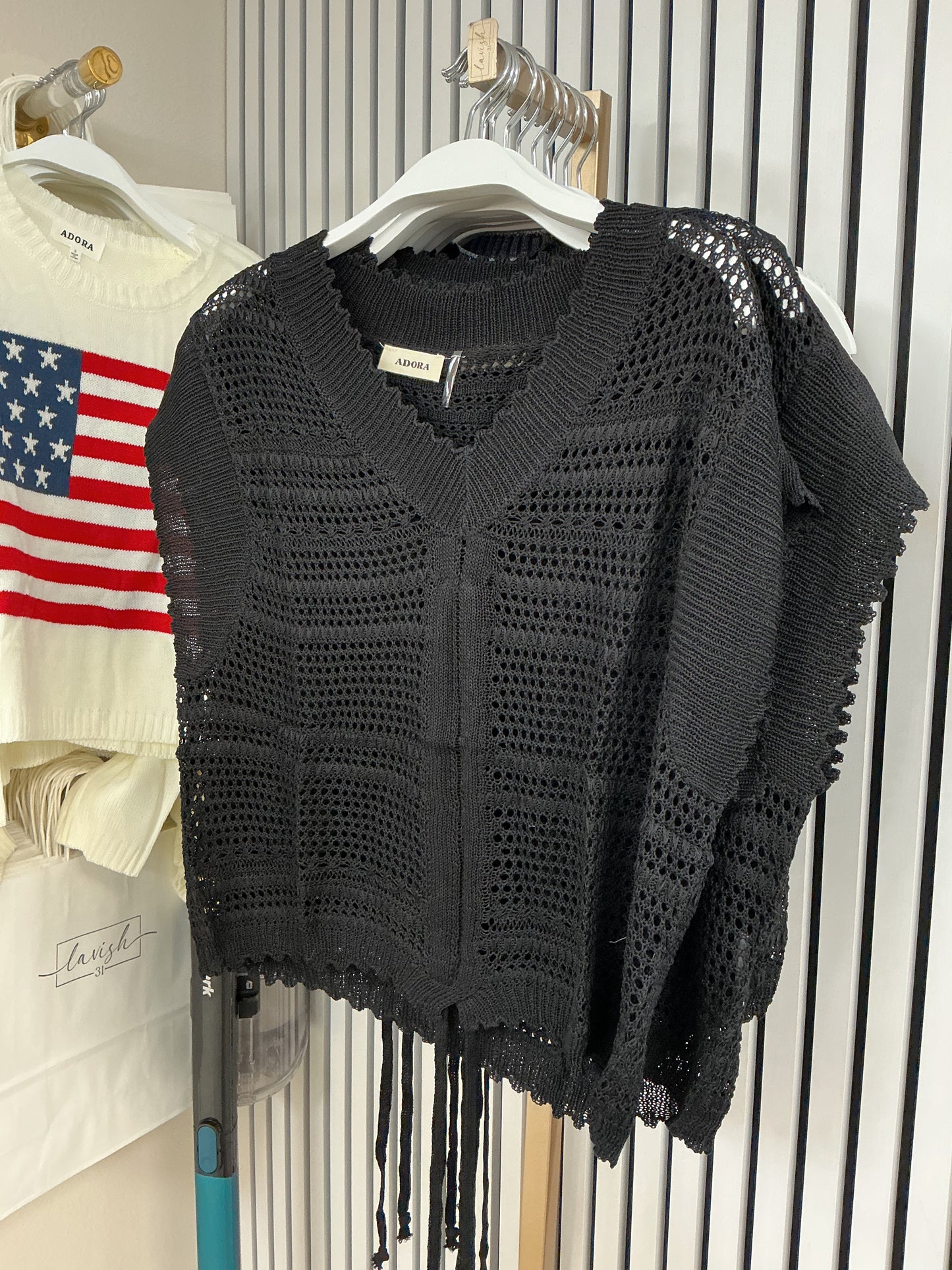 Black drawstring crochet top