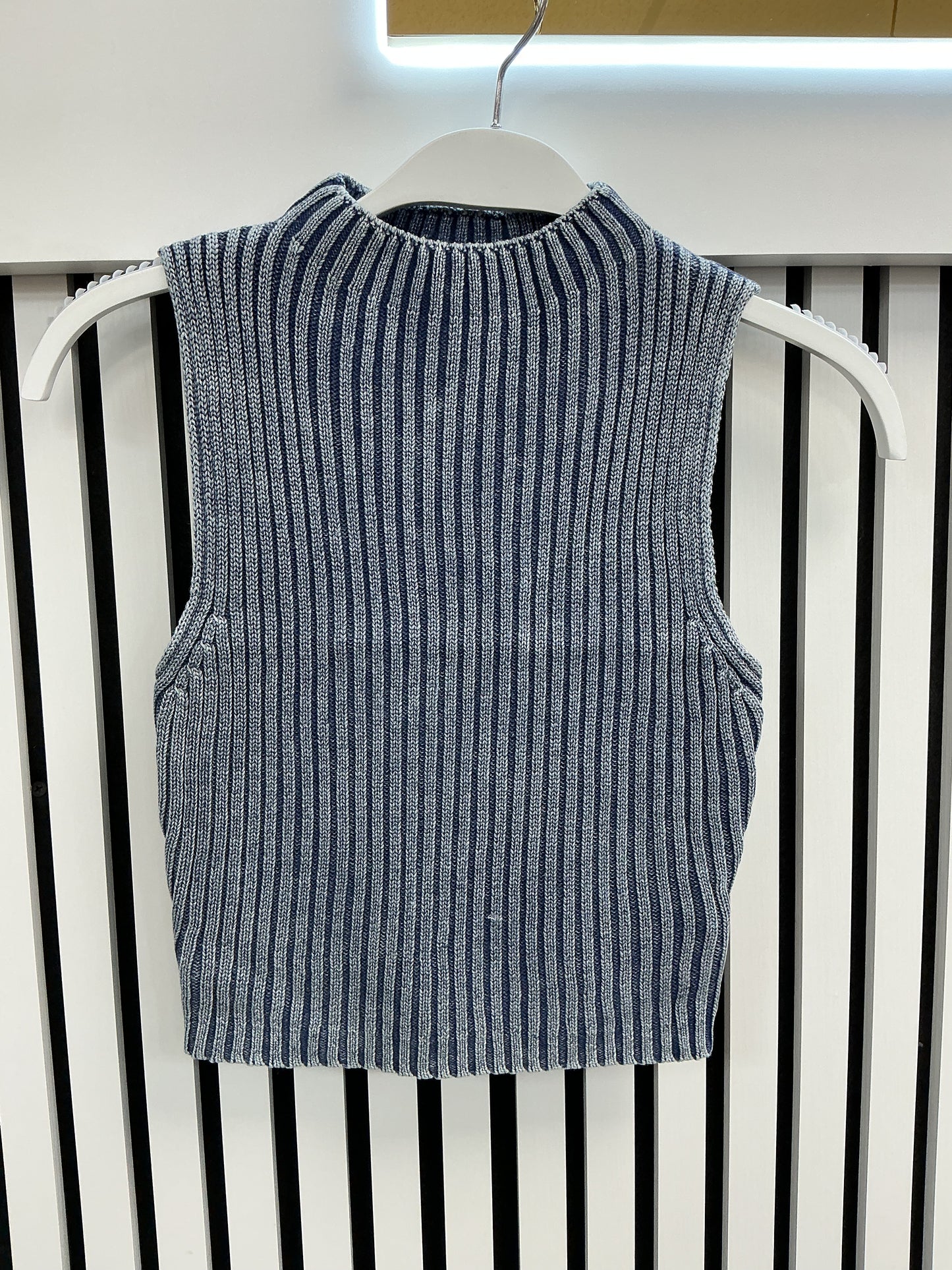 Denim ribbed mock neck top