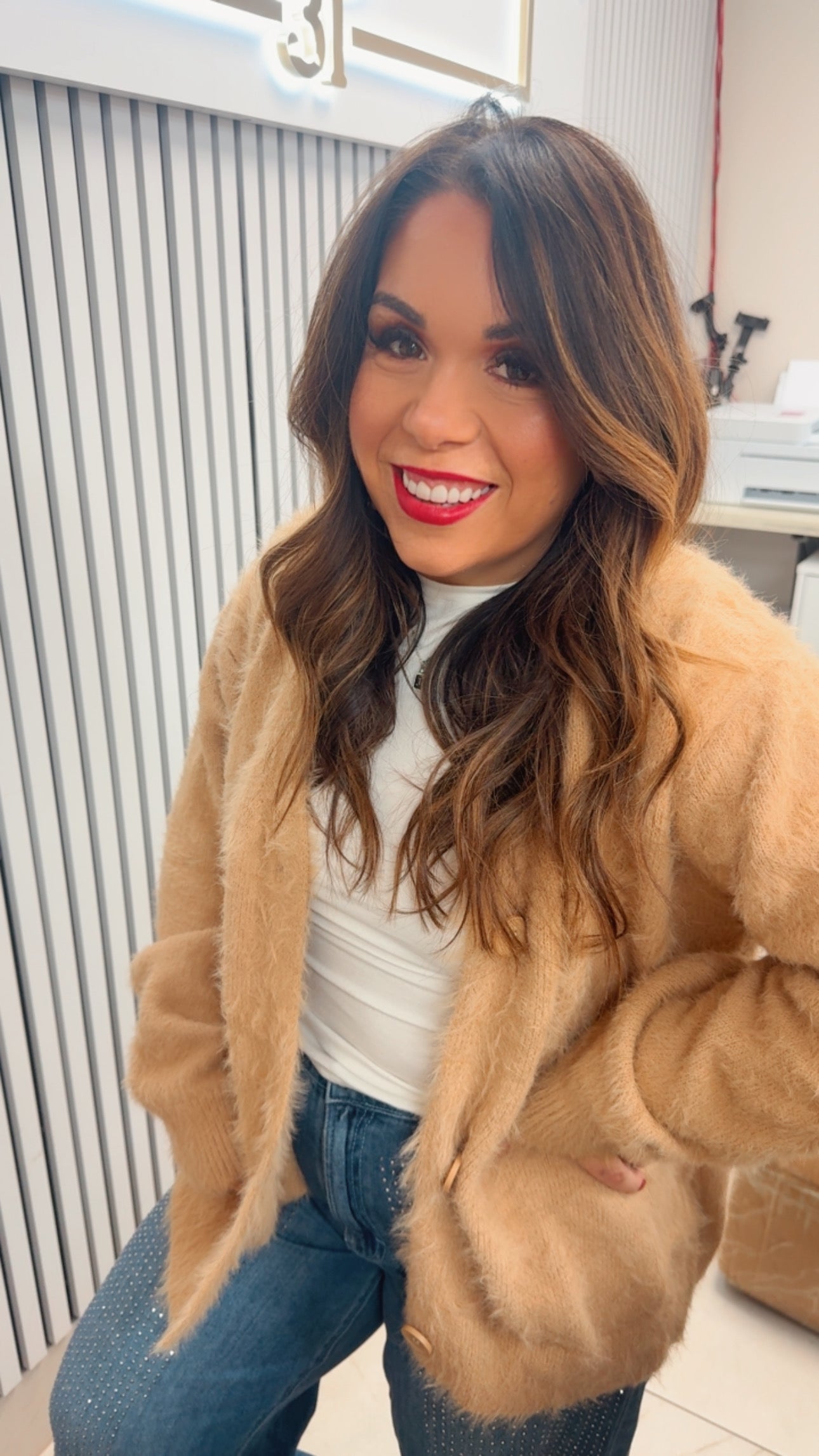 Faux fur beige knit cardigan sweater