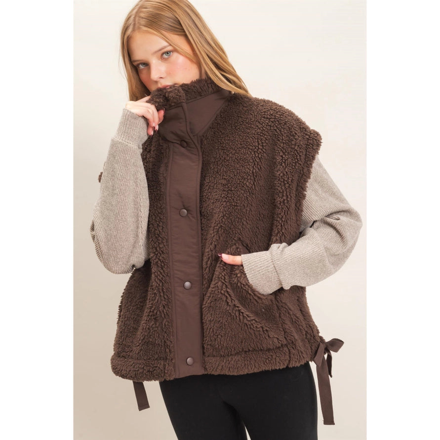 Brown sherpa button up vest
