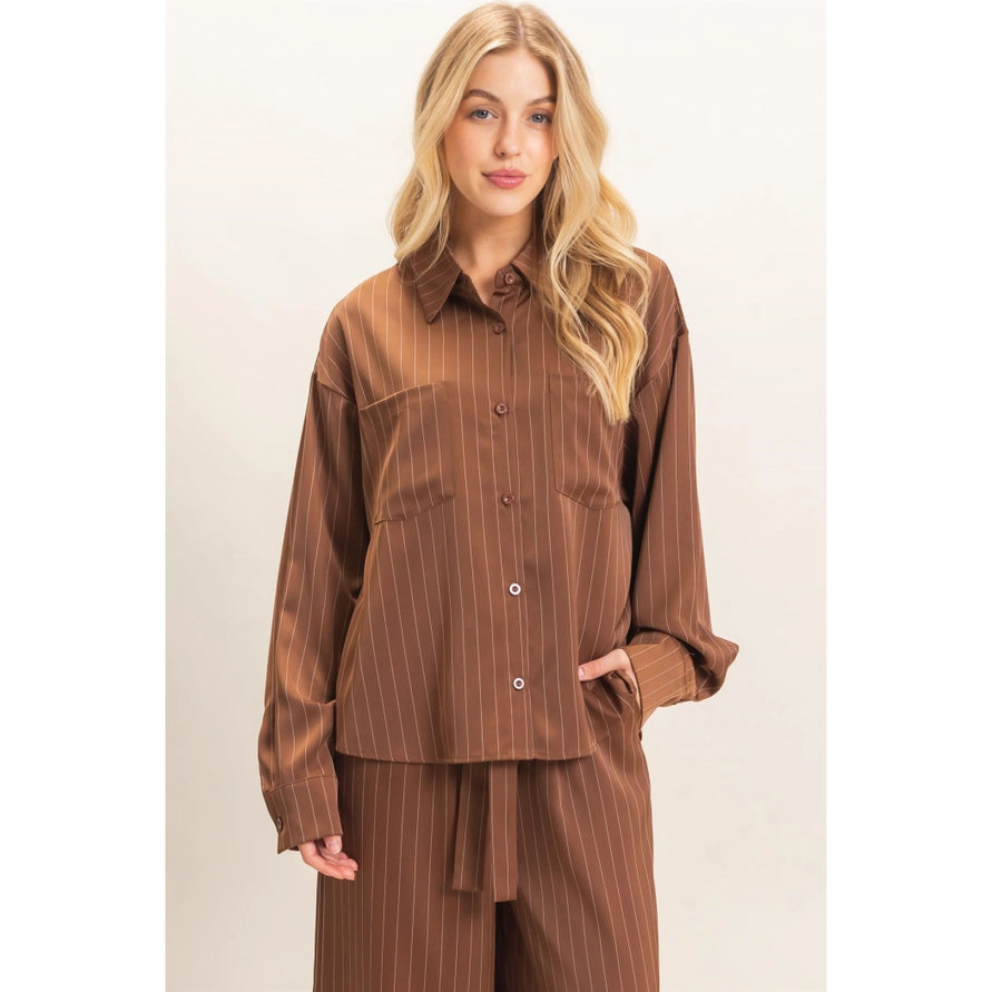 Brown striped button up top