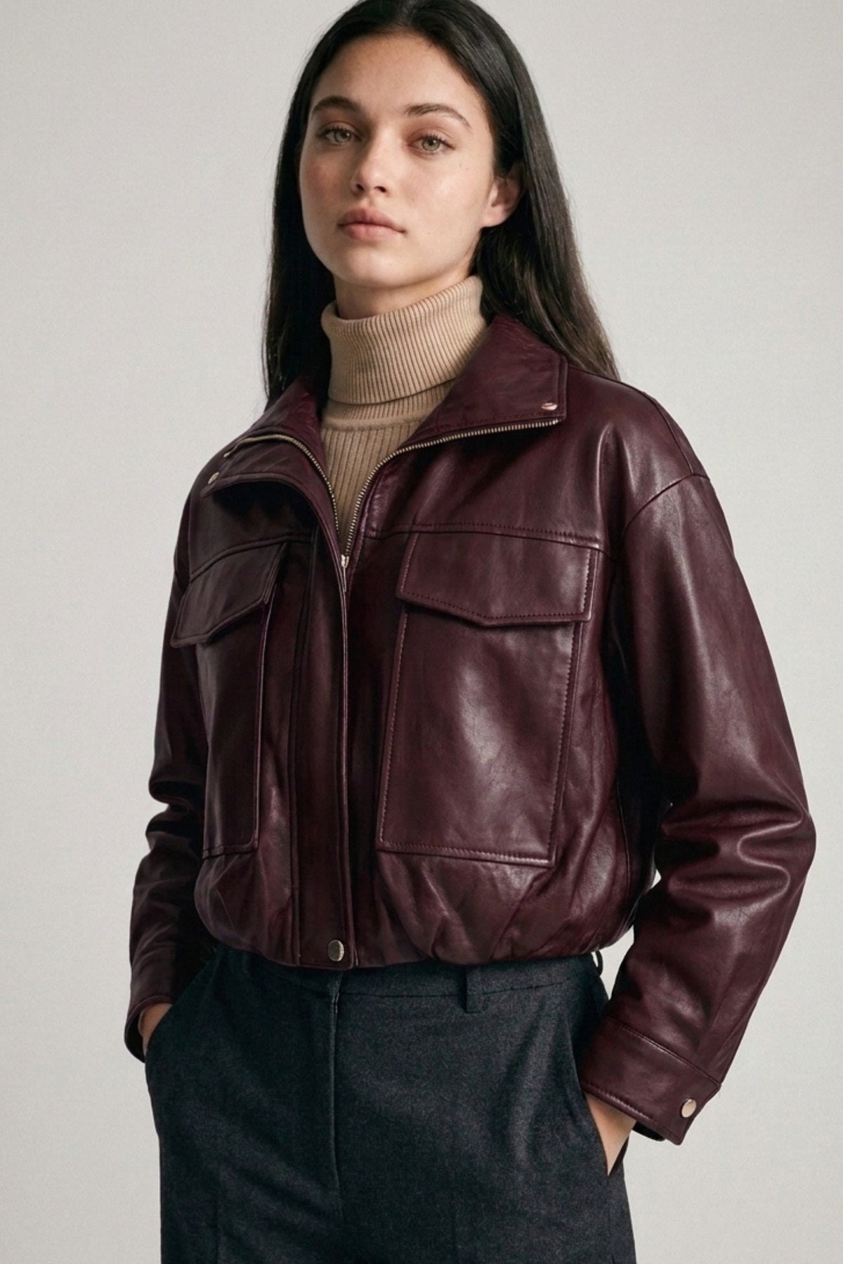 Burgundy cropped leather bomber jacket