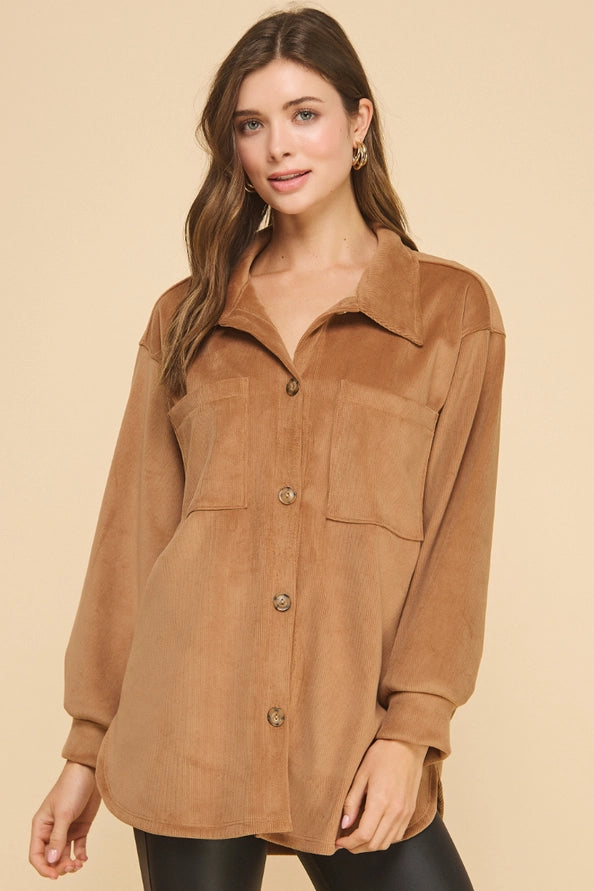Camel suede button up shacket