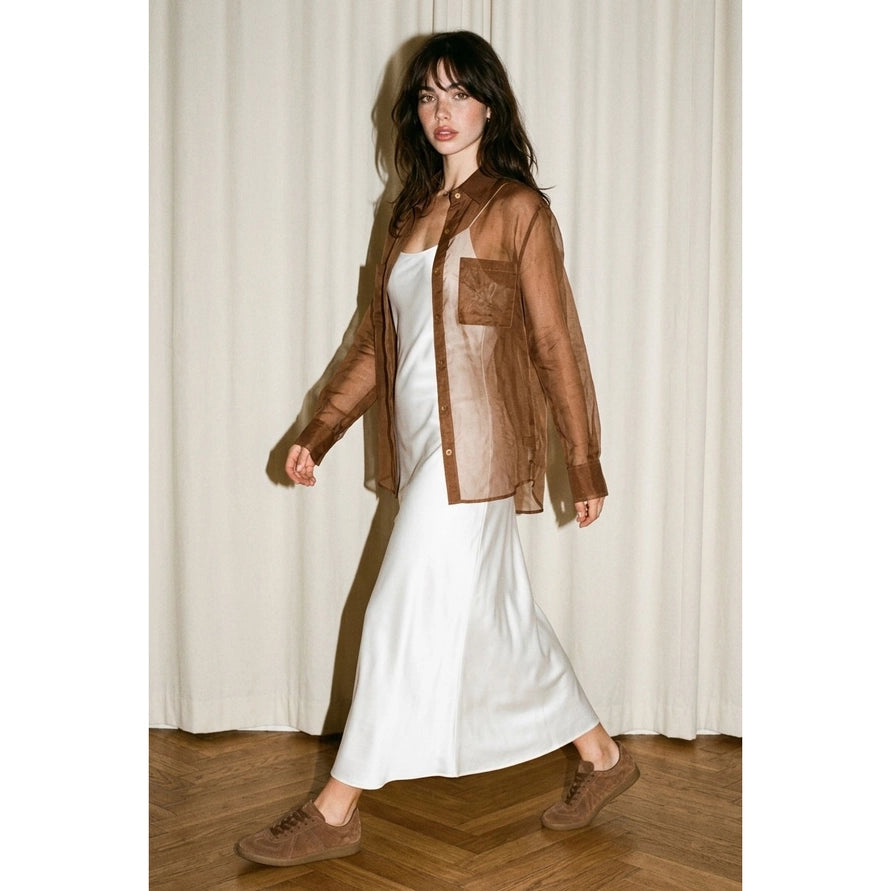 Brown sheer button up top