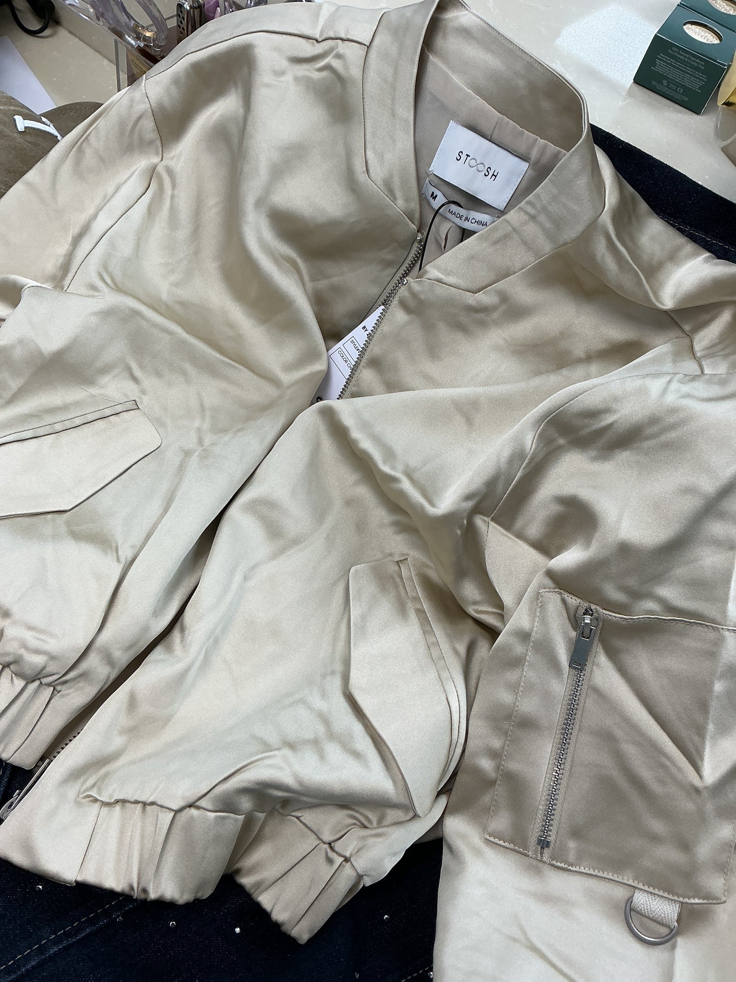 Cream satin bomber jacket