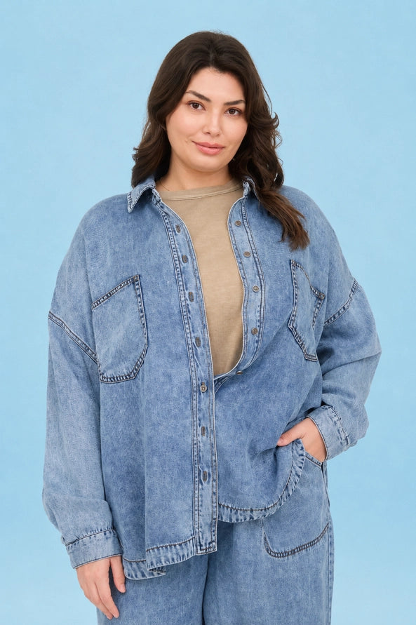 Denim long sleeve button up top