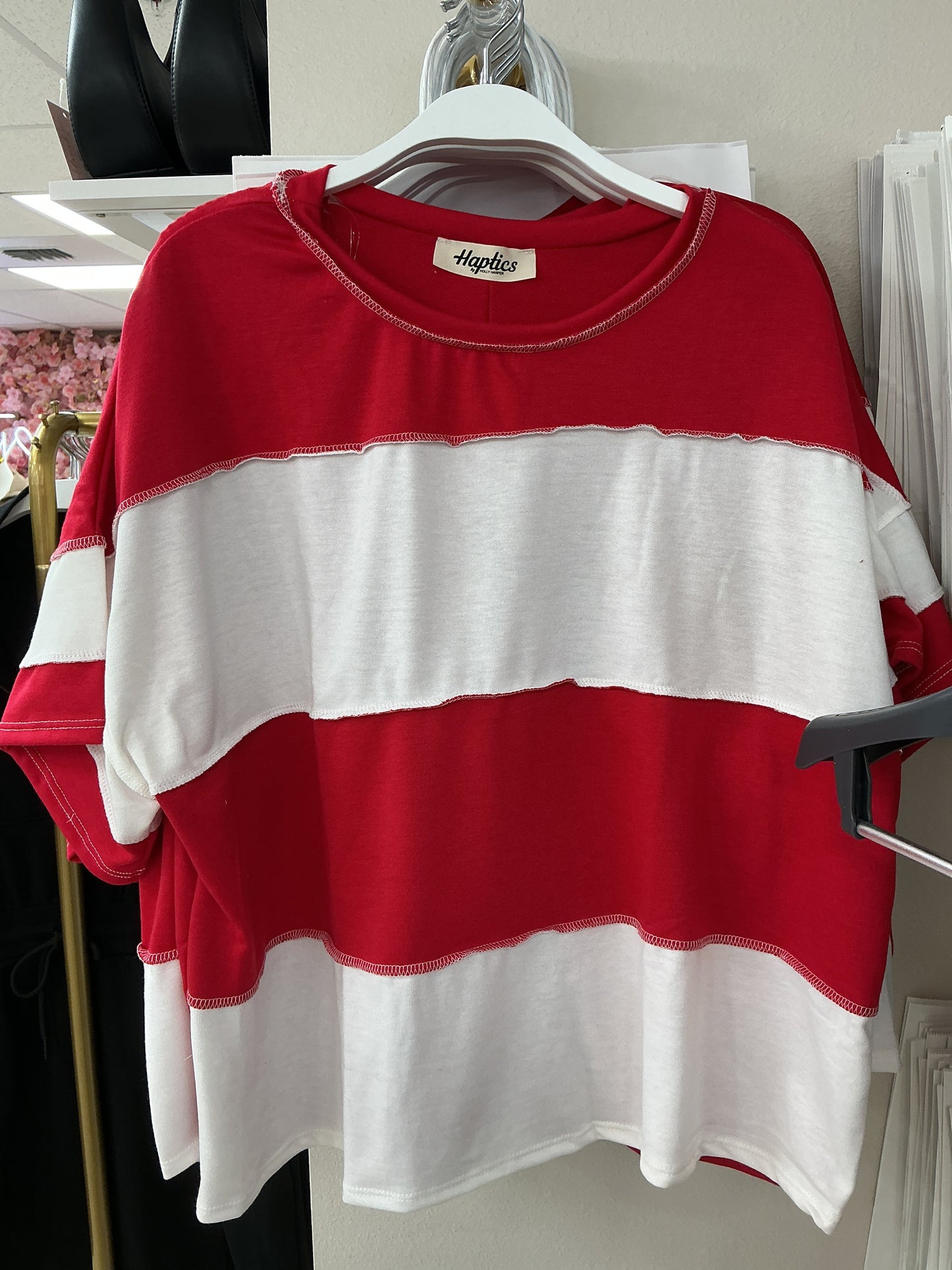 Red and white striped top
