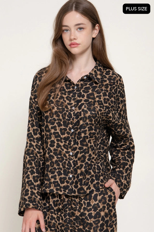 Plus size leopard button up long sleeve top