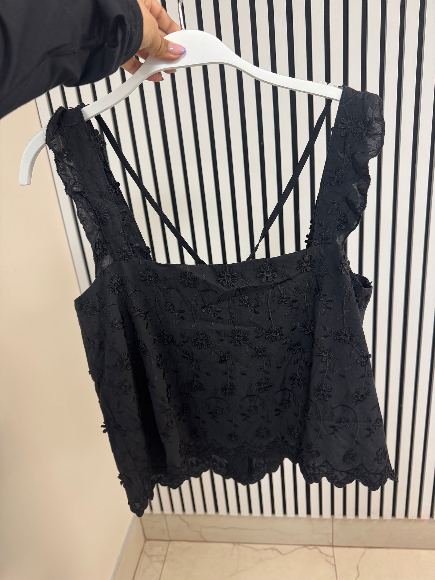 Black floral embroidered square tank