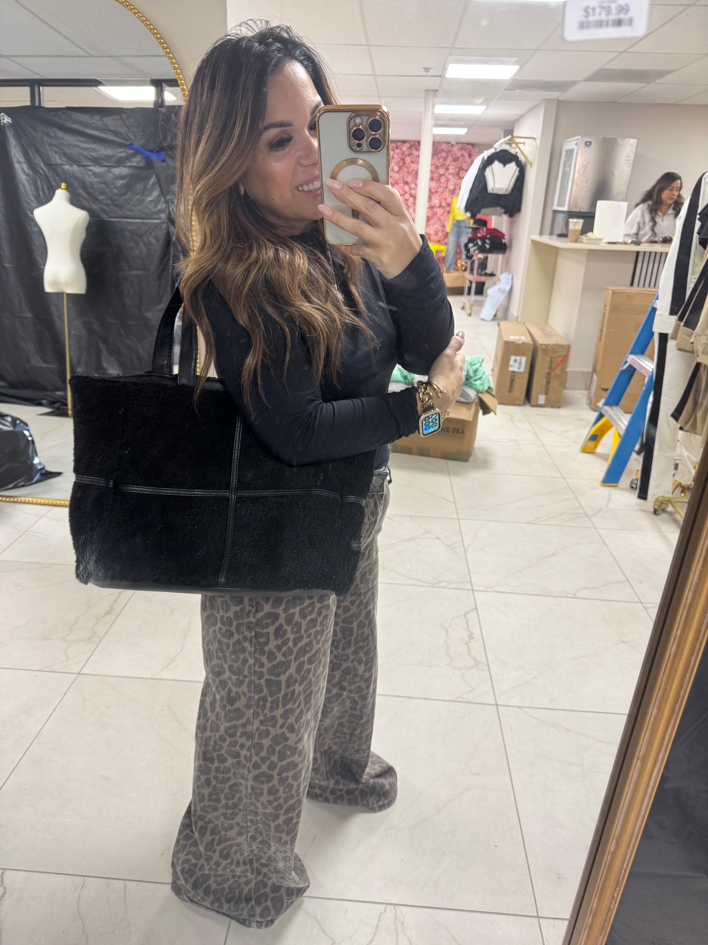 Black furry tote bag