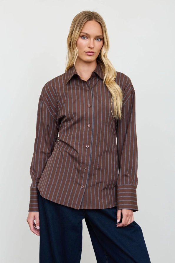 Brown button up top with blue stripes