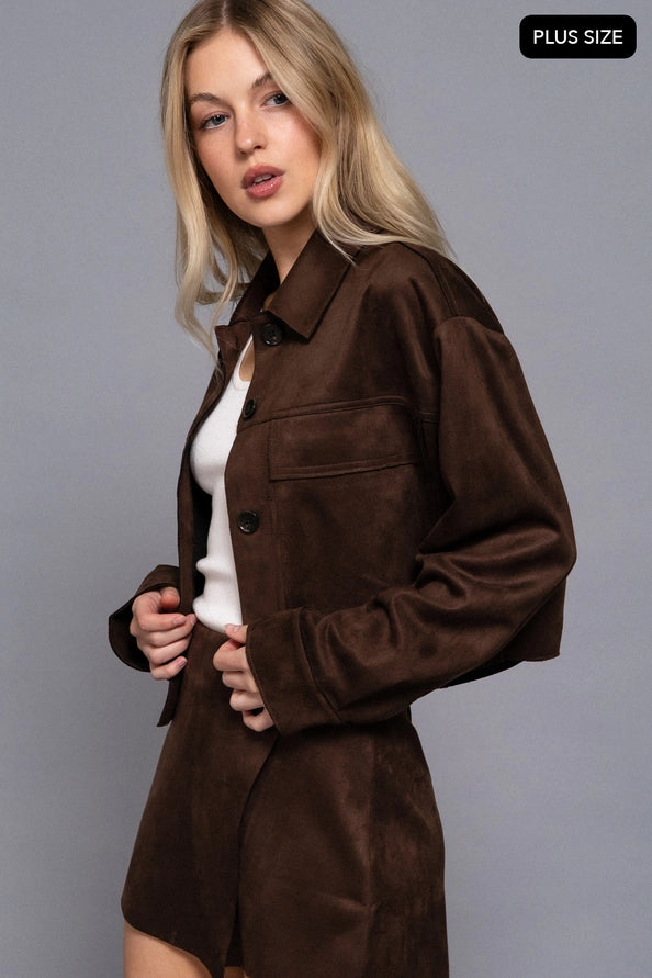 Plus size brown suede button up jacket