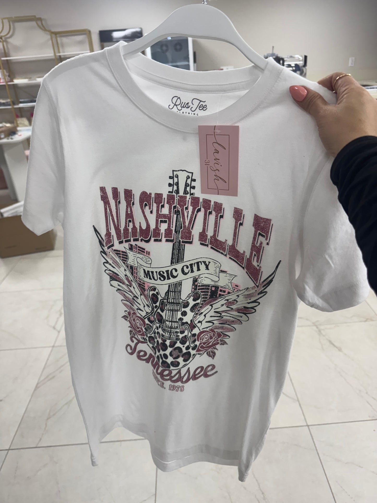 White and pink Nashville and leopard tee