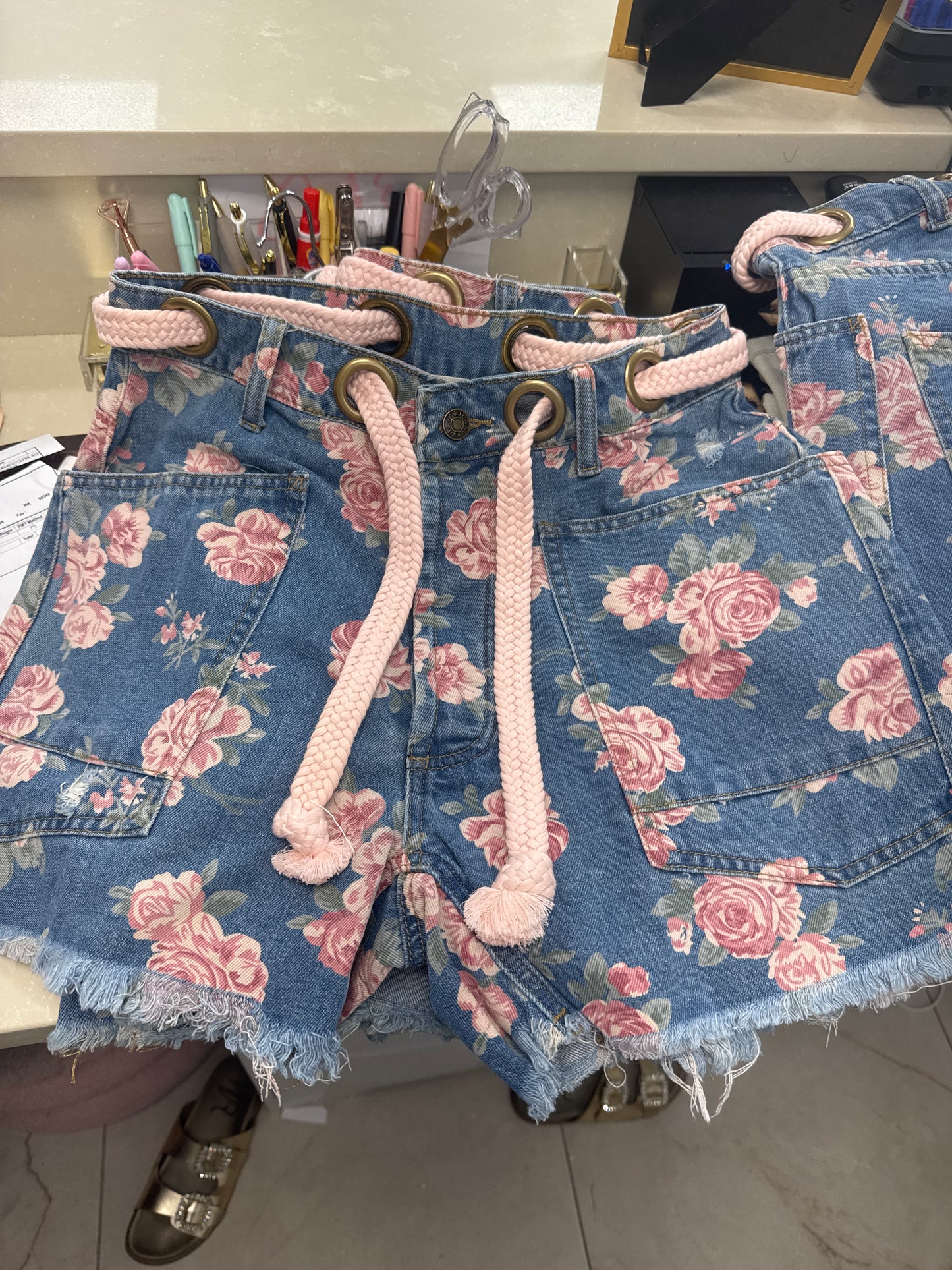 Denim pink floral shorts