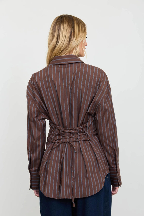 Brown button up top with blue stripes