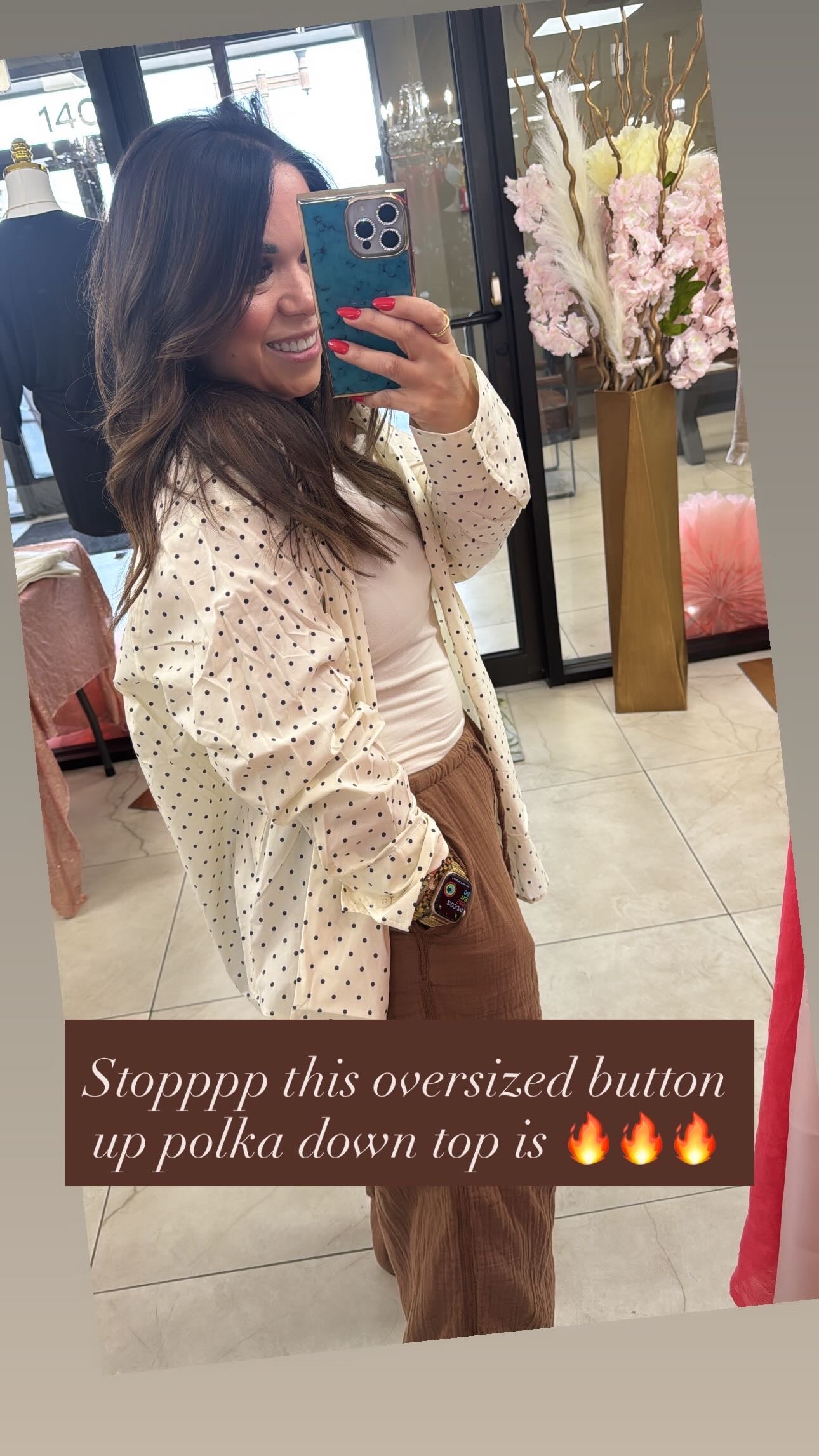Oversized polkadot button up top