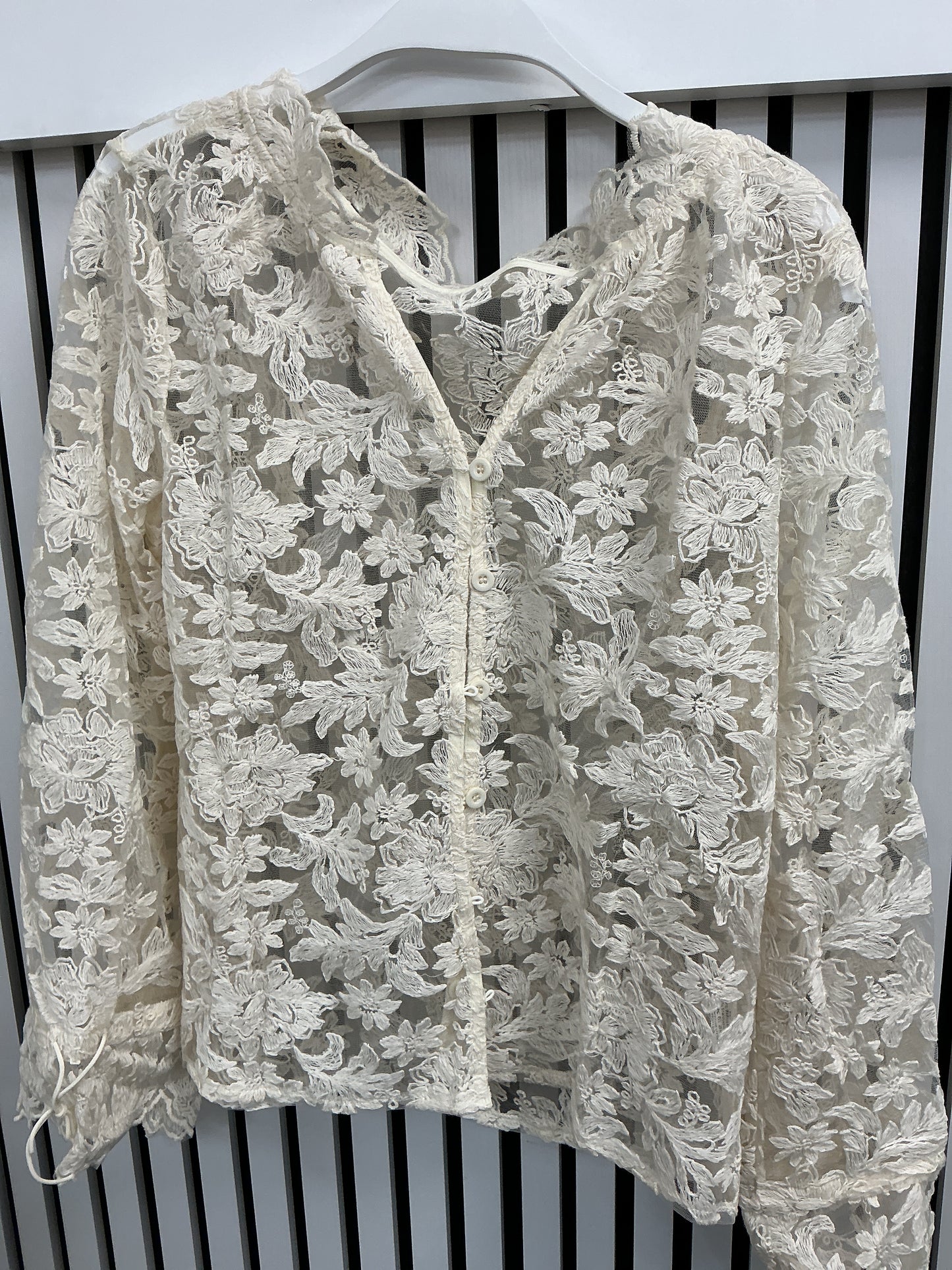 White/beige lace button up top