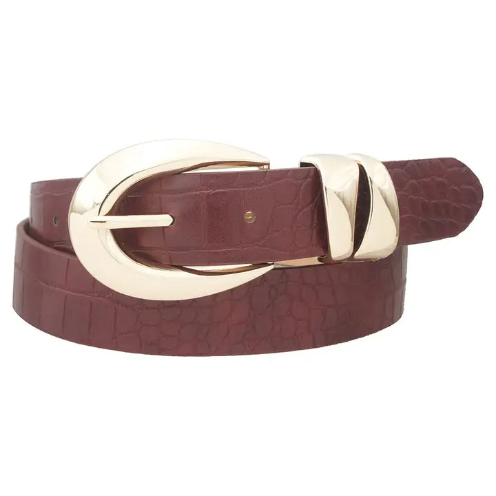 Burgundy belt with a gold buckle