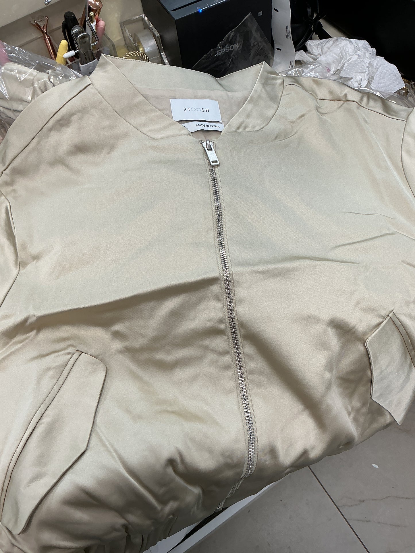 Cream satin bomber jacket