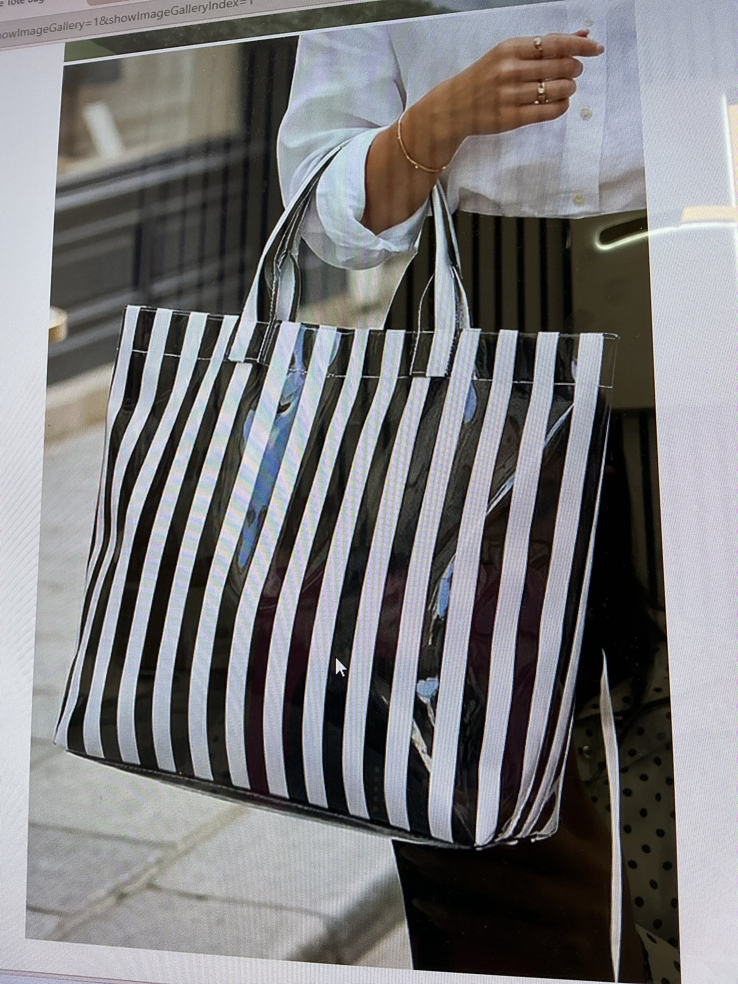 Glossy black and white striped tote bag