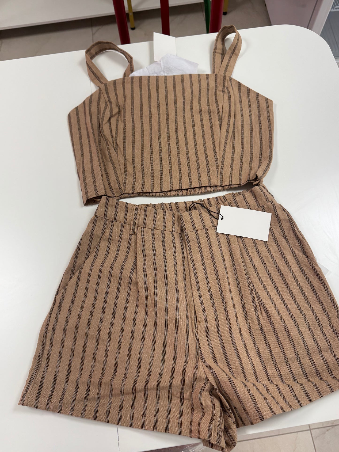Brown stripe linen tank and short set