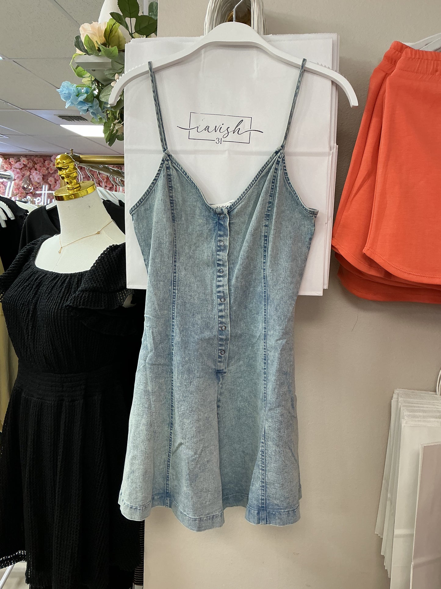 Denim romper with buttons