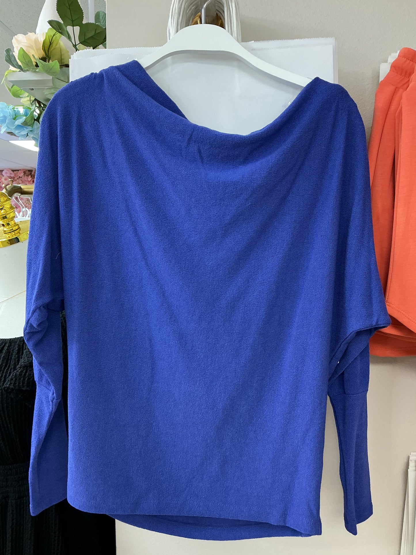 Cobalt blue long sleeve off the shoulder top