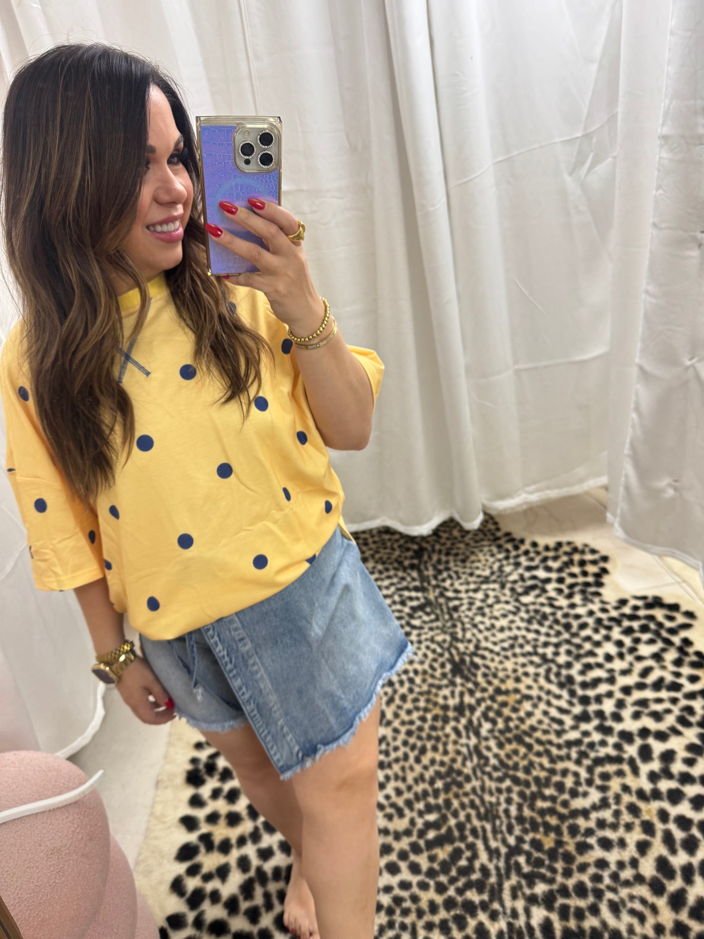 Flowy Yellow and navy polka dot top