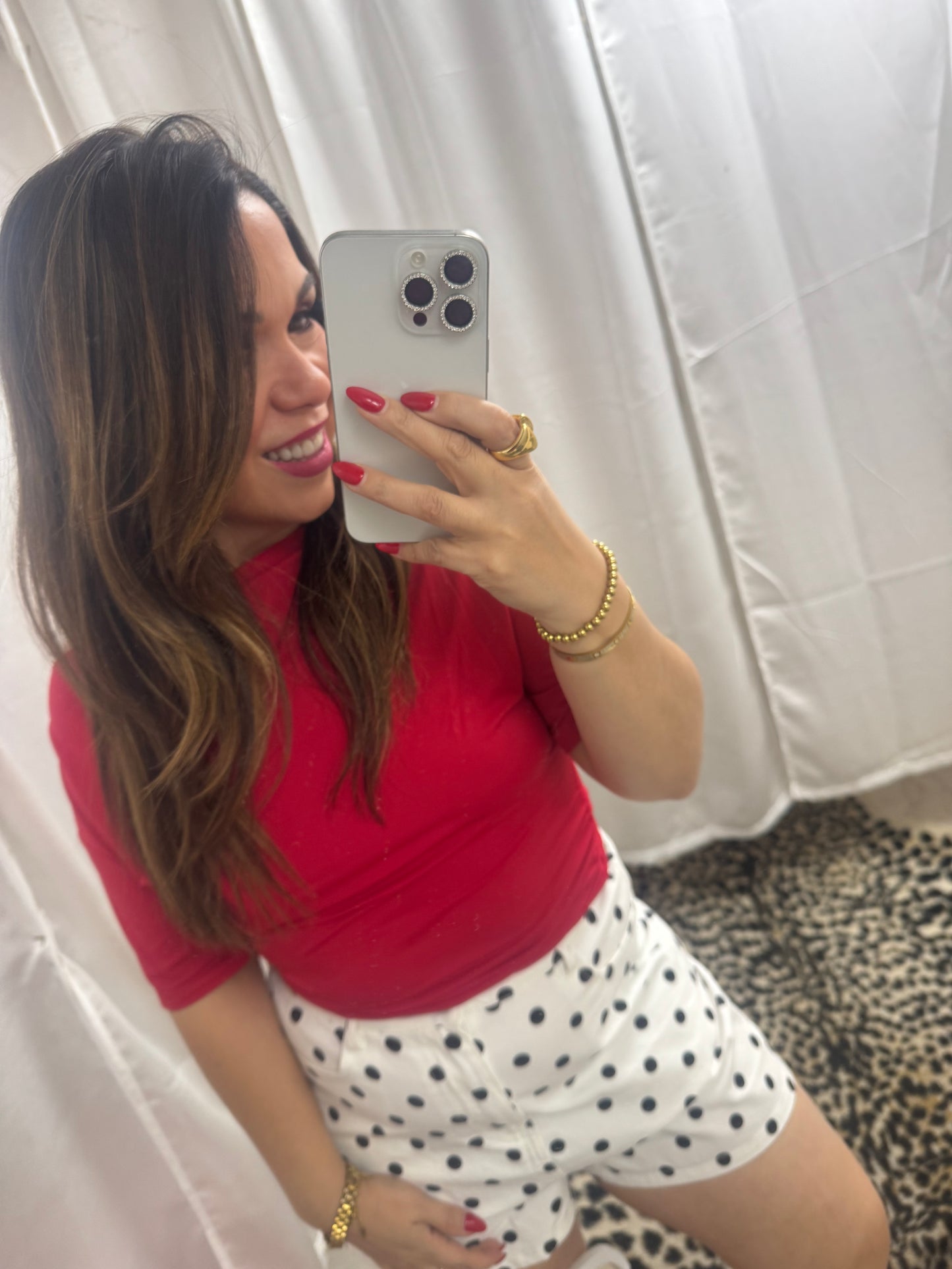 Red silk off the shoulder top