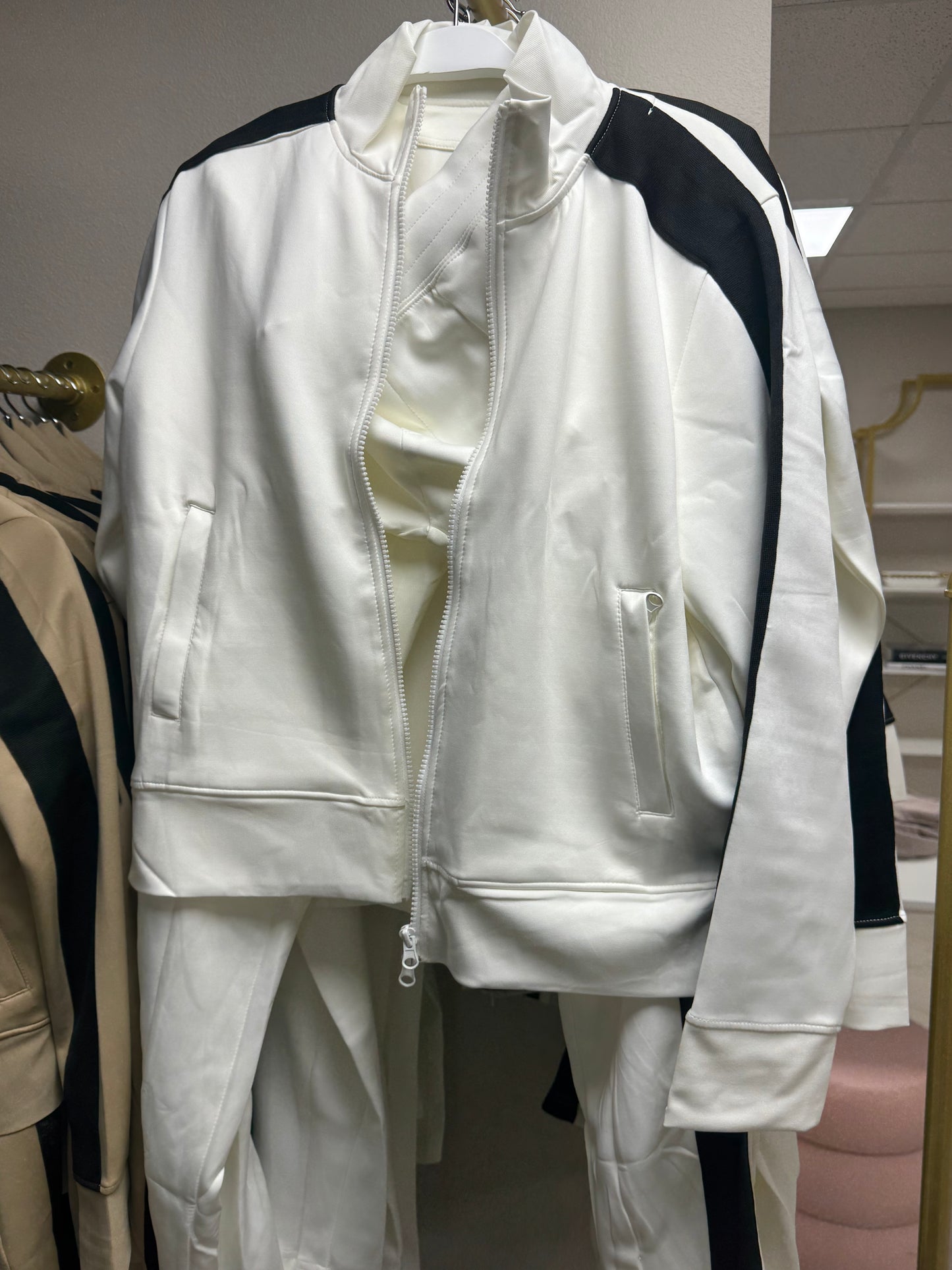 White lounge set with black stripe