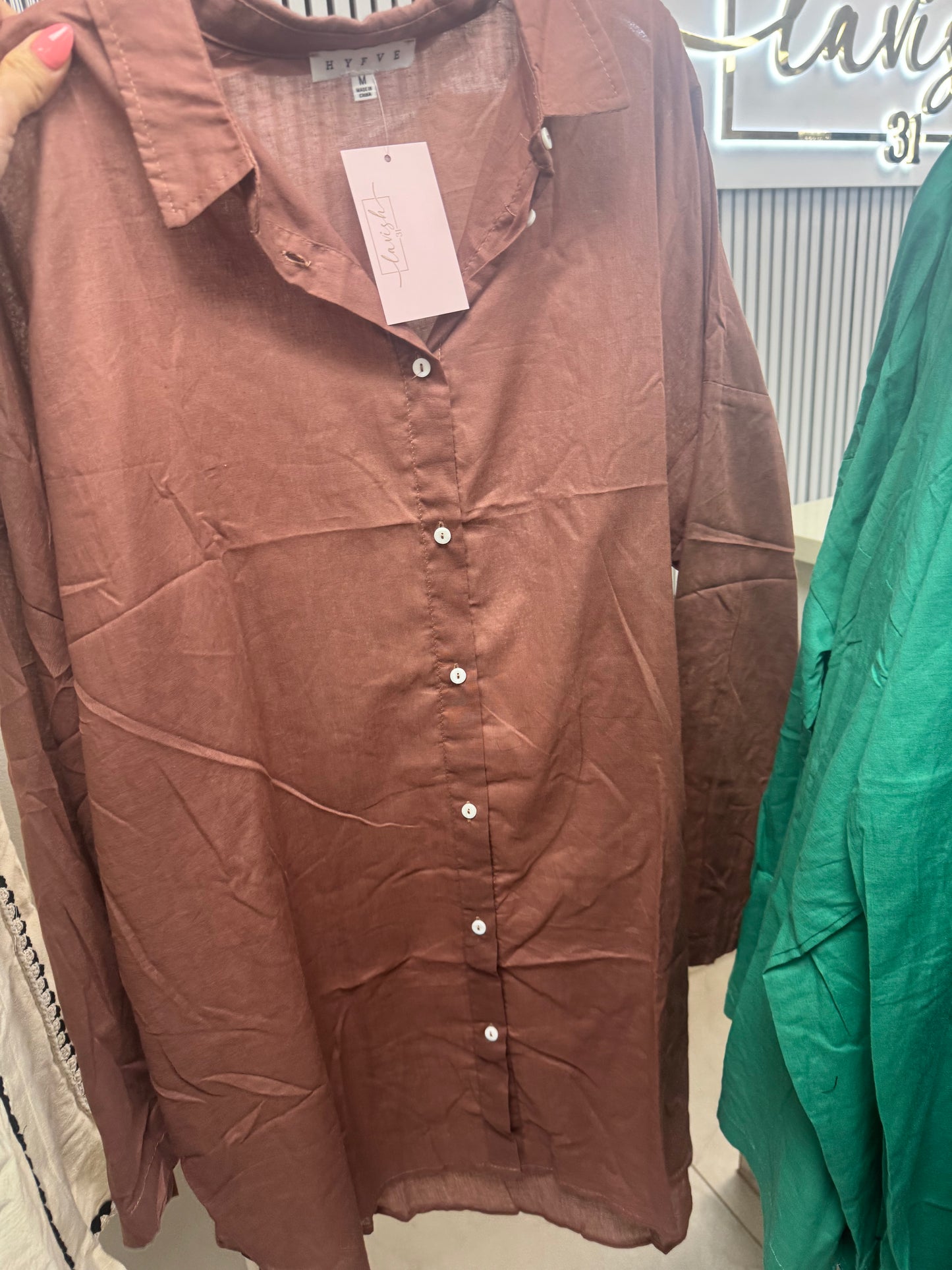 Brown button up top