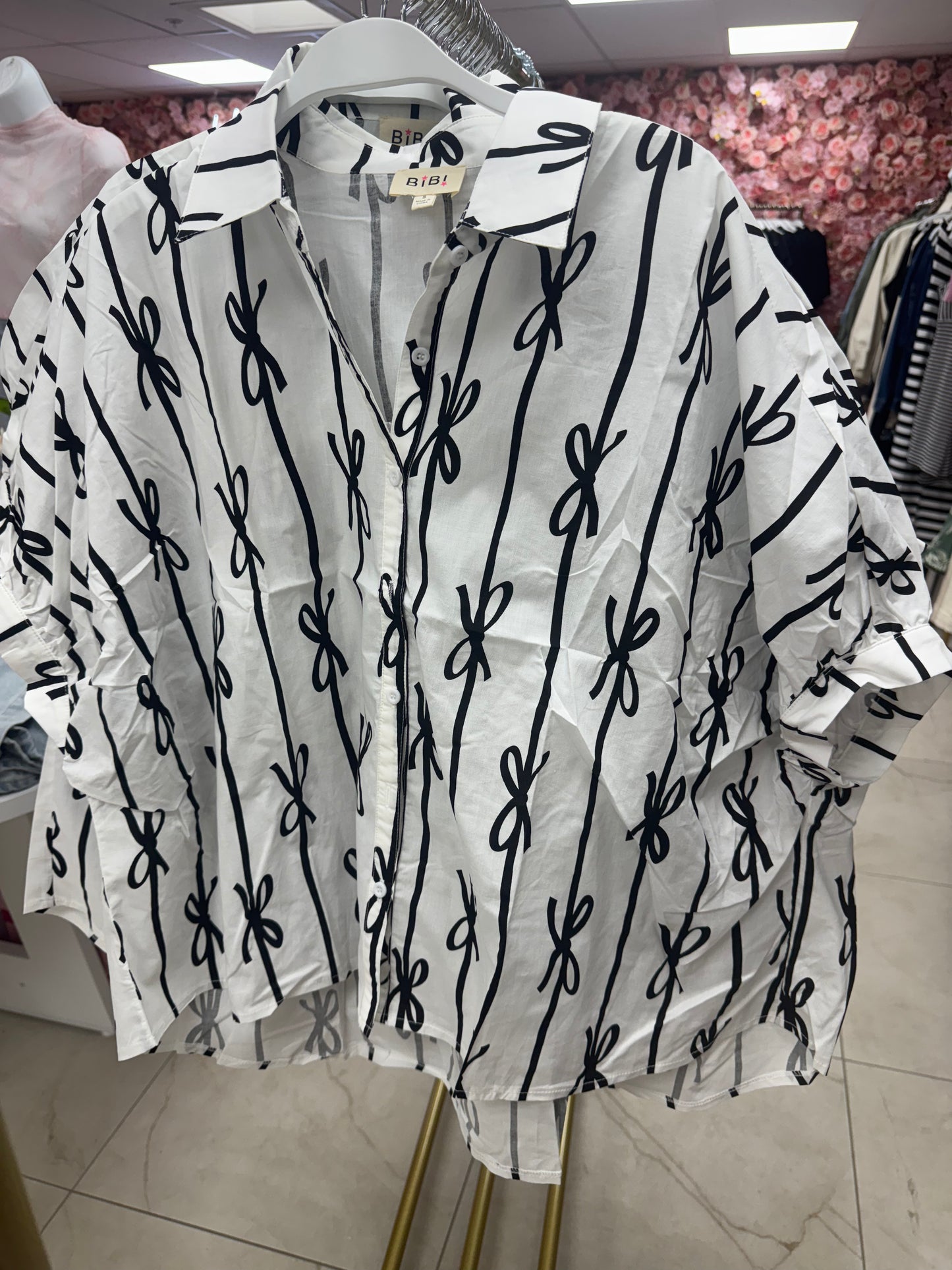 White button up bow top