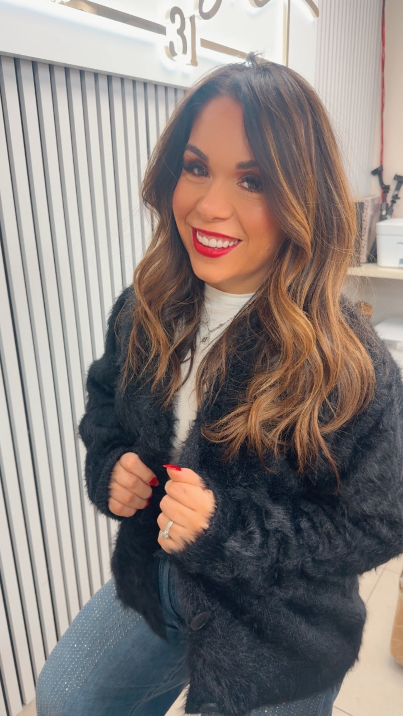 Black faux fur cardigan sweater