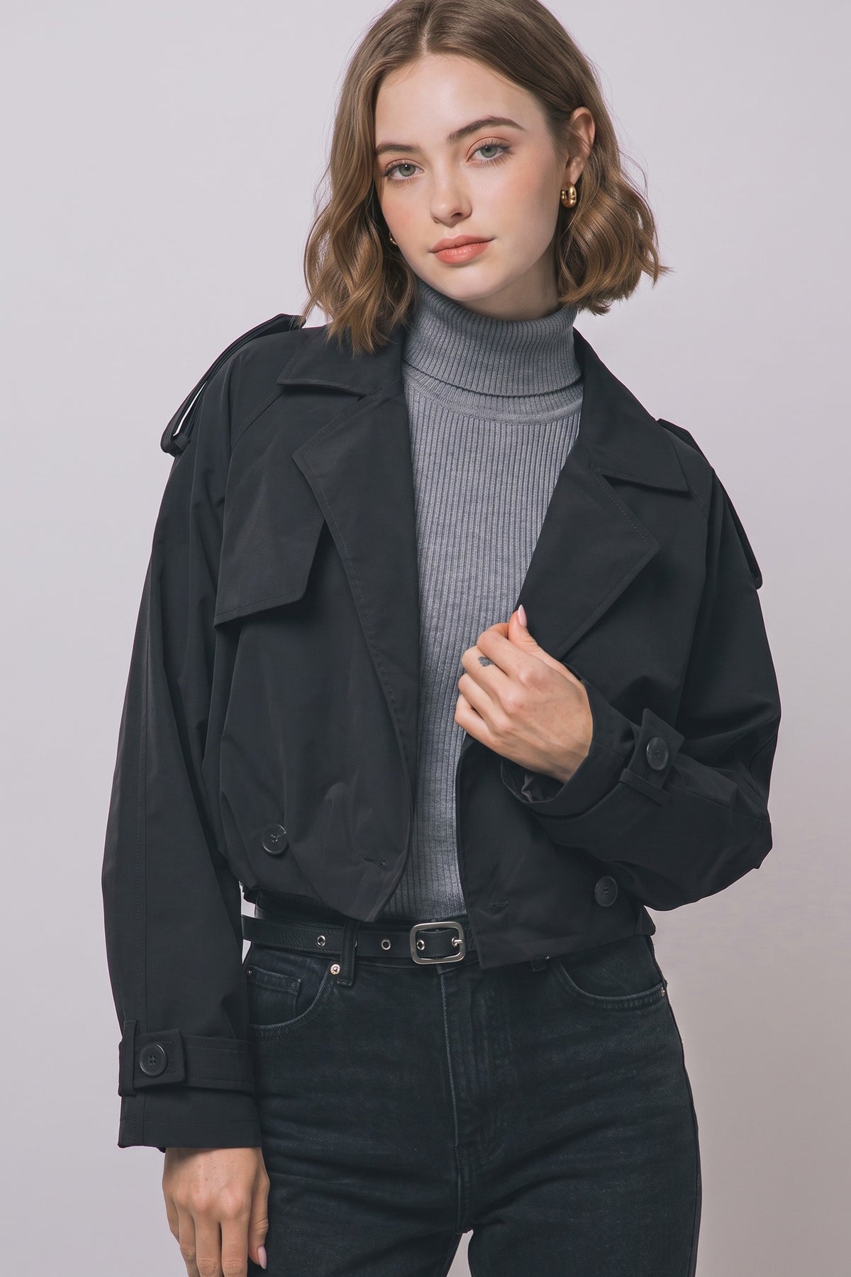 Black cropped trench coat