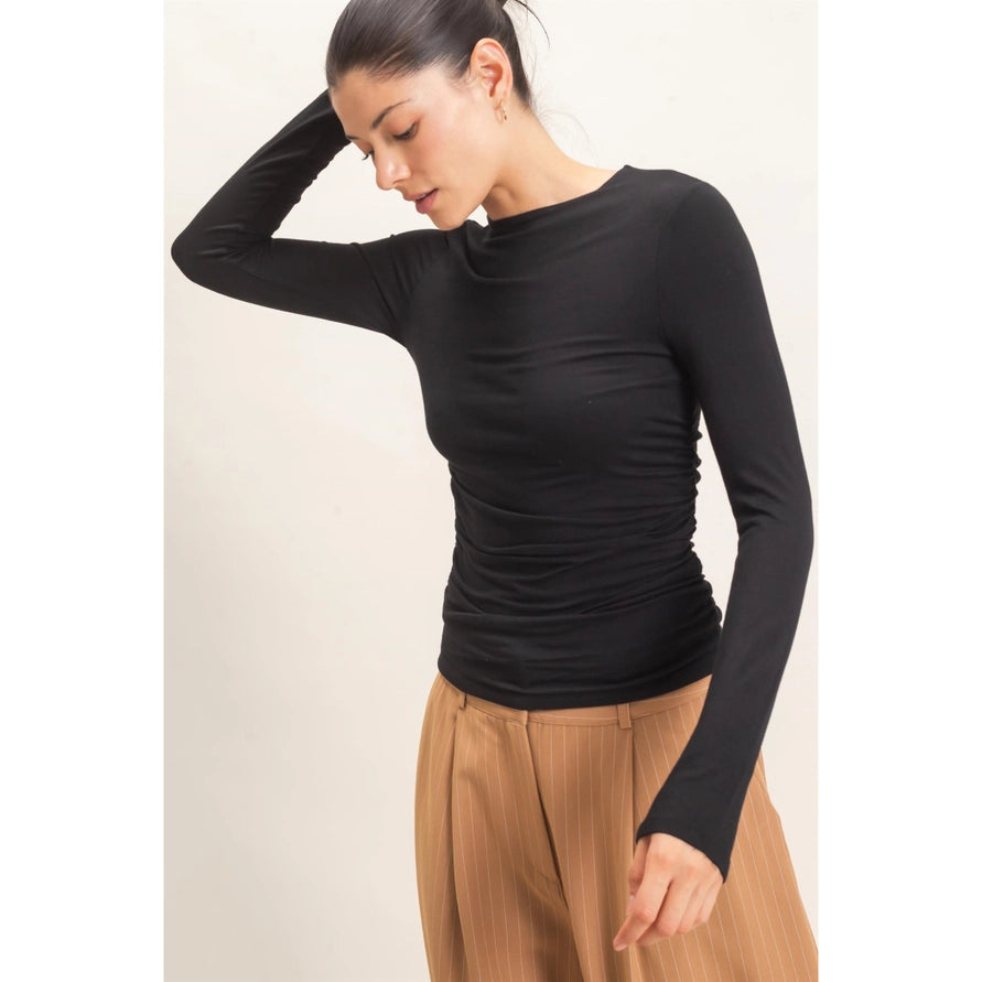 Black long sleeve top with rouching on the sides
