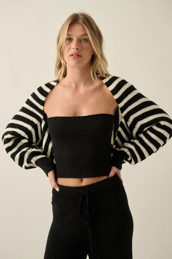 Striped Ribbed-Knit Open-Front Shrug Cardigan Sweater
