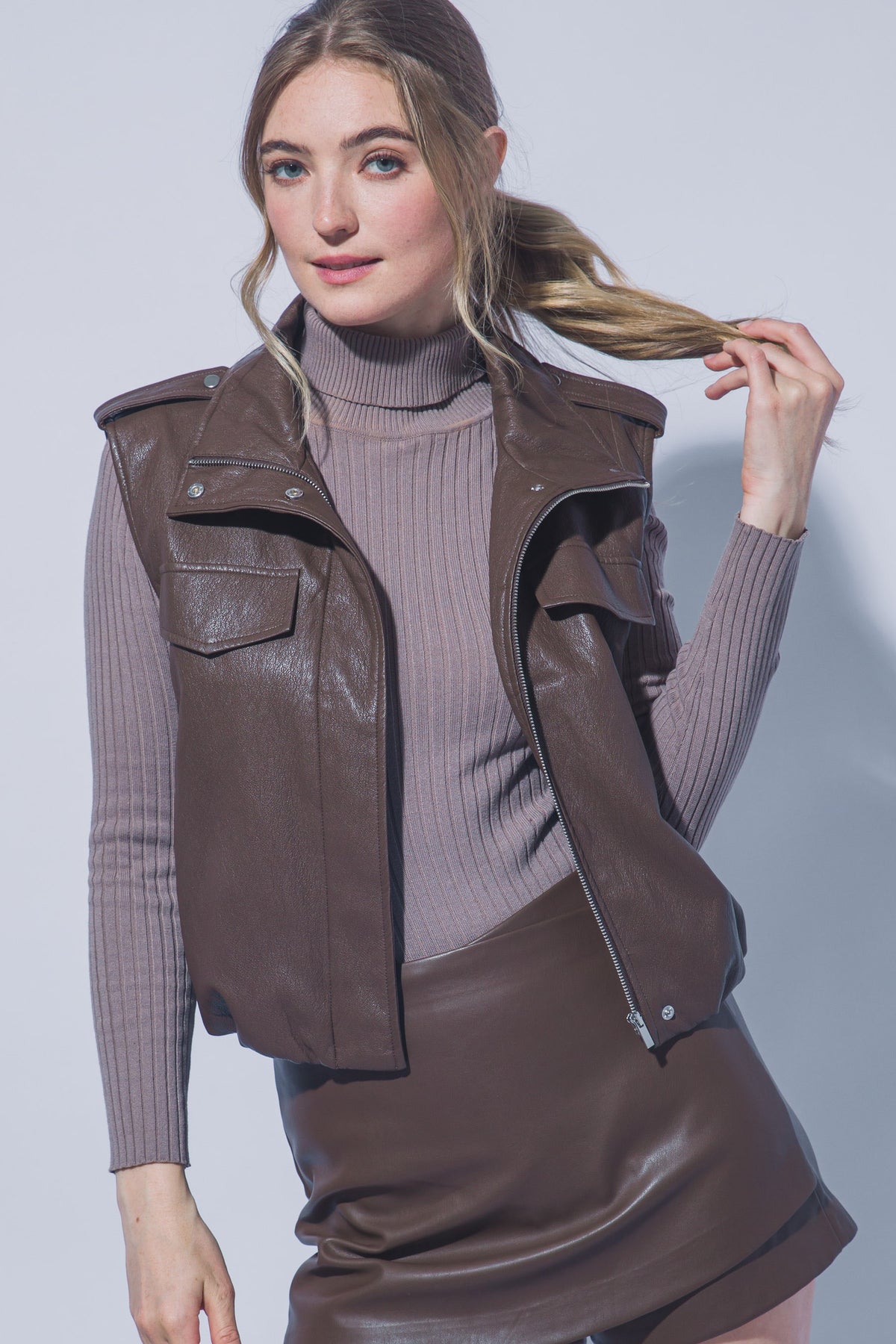 Brown leather zip up vest