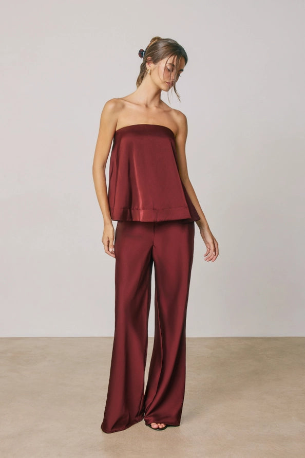 burgundy Satin Relaxed Straight Leg Pants