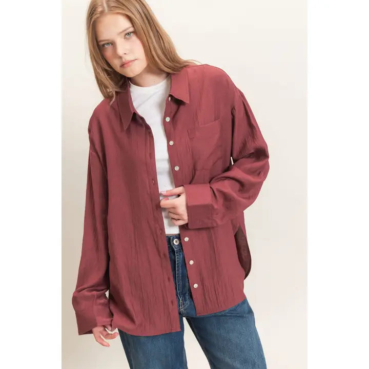 Burgundy long sleeve button up top